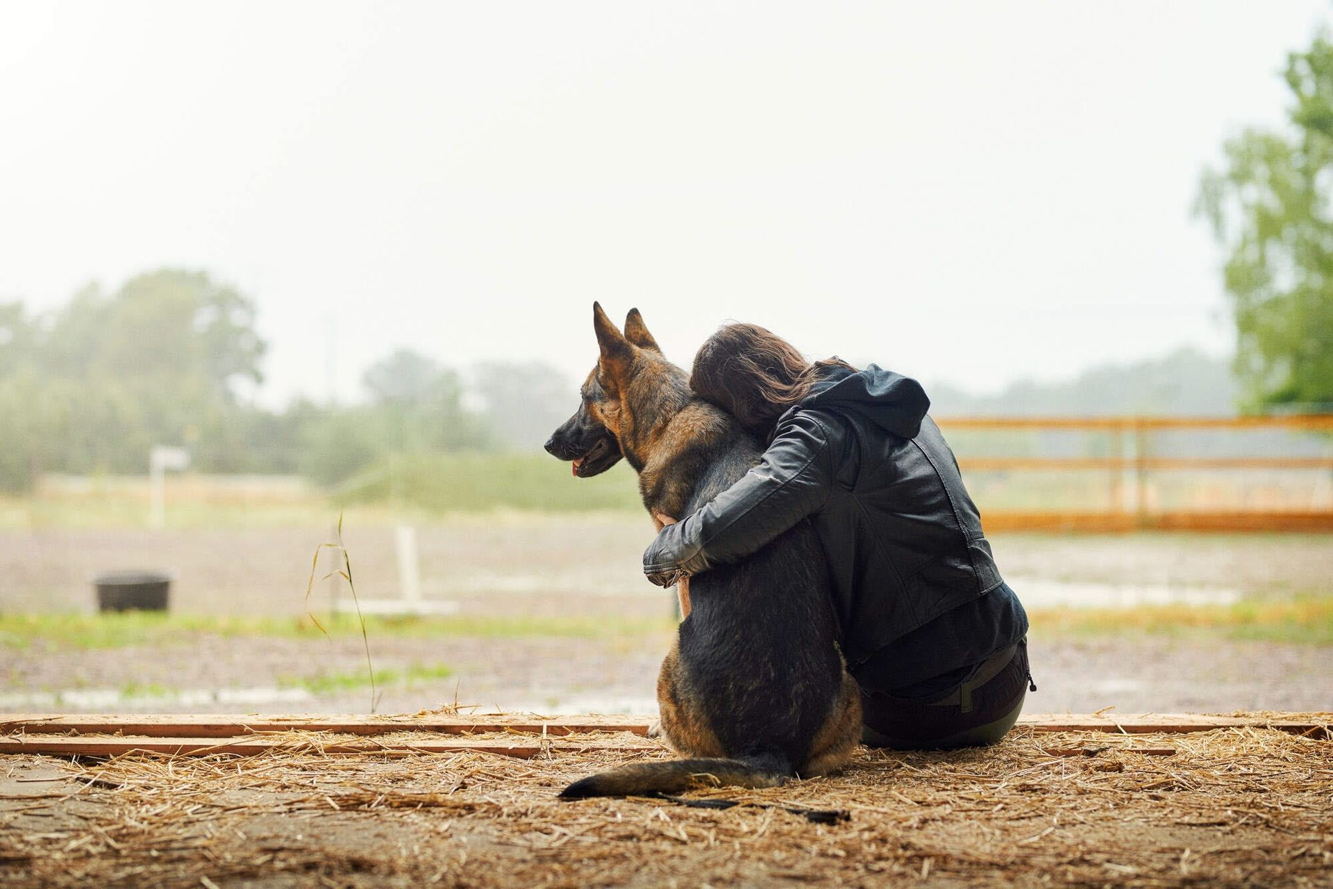 Frau umarmt ihren Schäferhund.