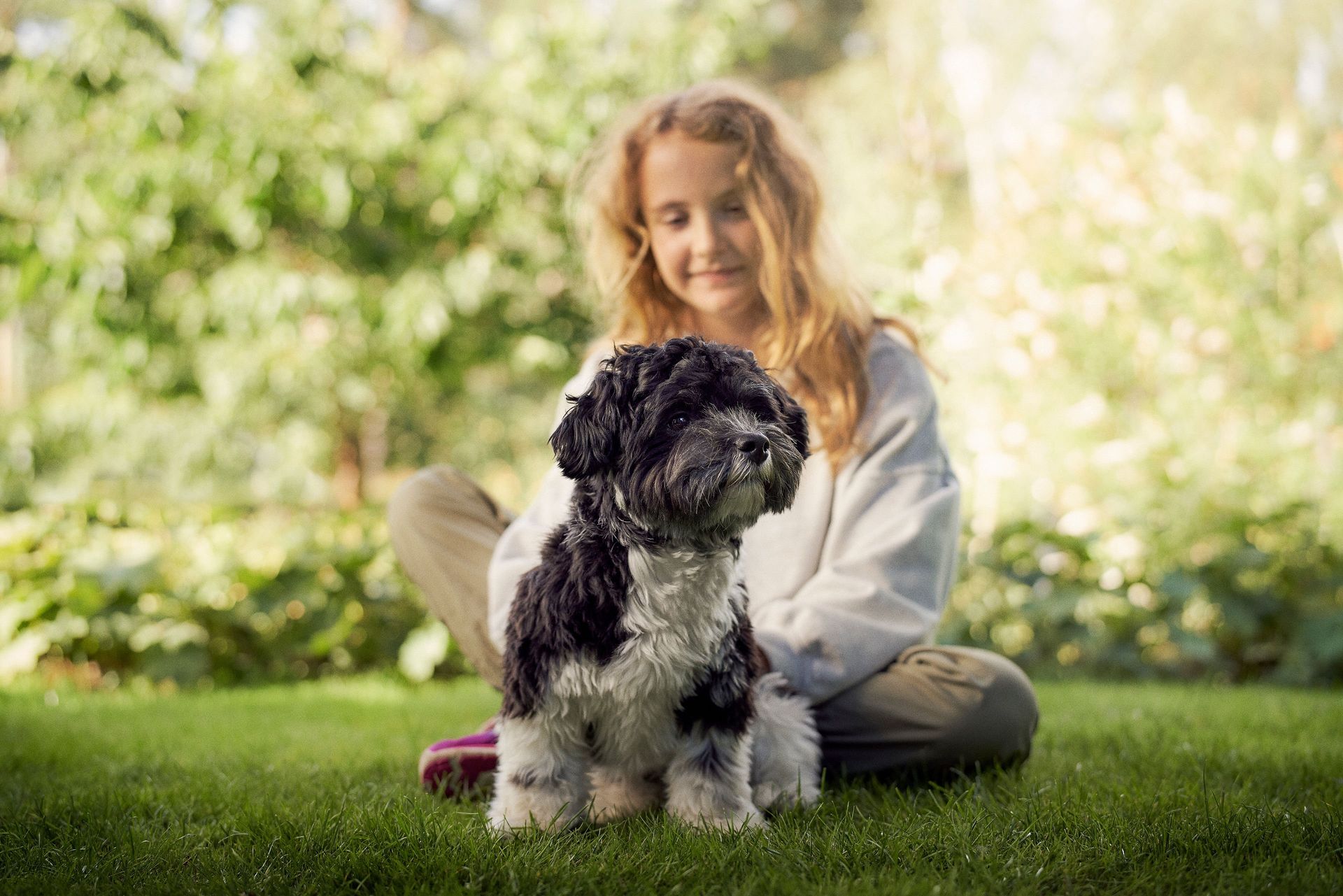 Ein Mädchen sitzt draußen auf dem Rasen, ihr Hund liegt vor ihr.