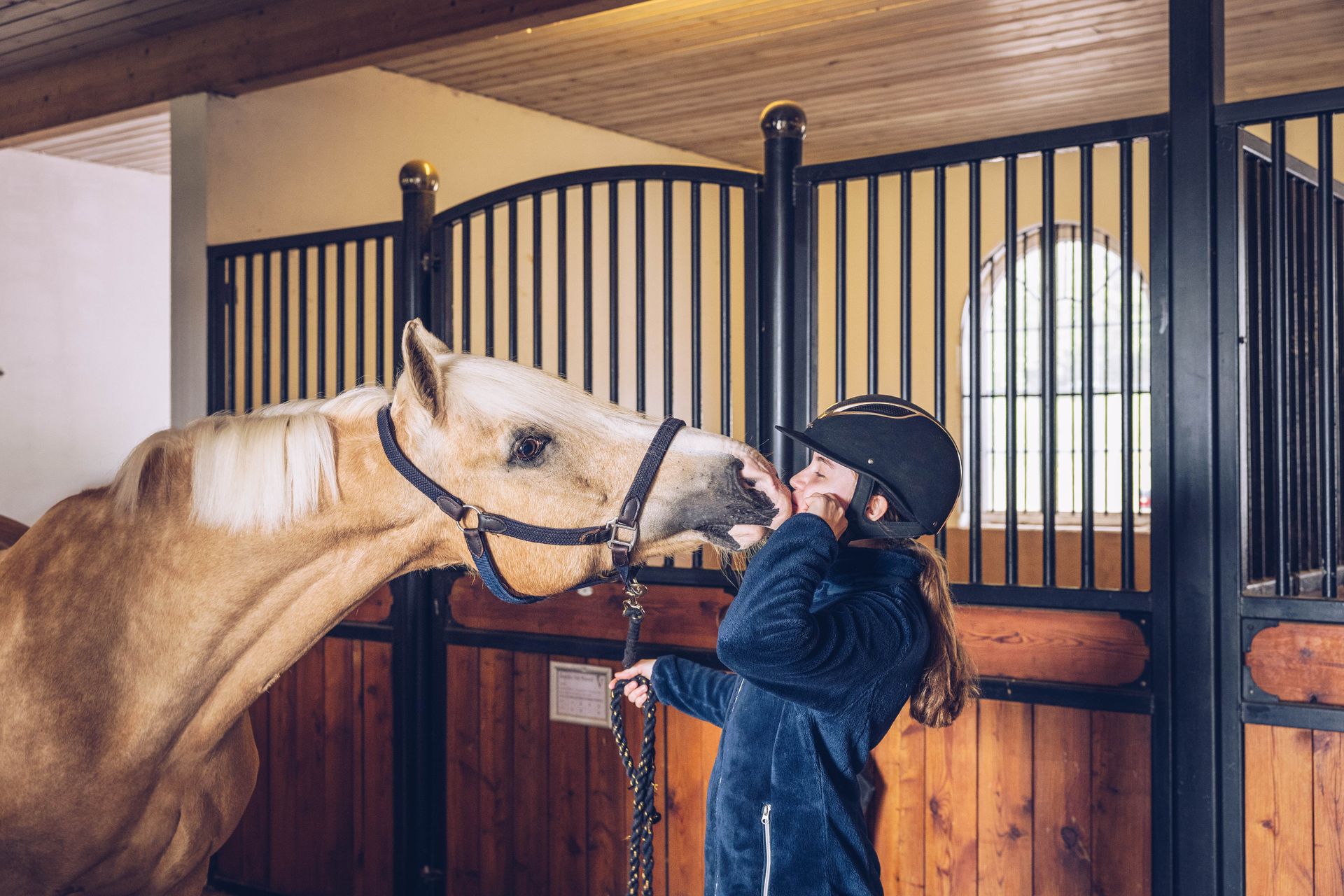 Pony küsst das Mädchen ins Gesicht