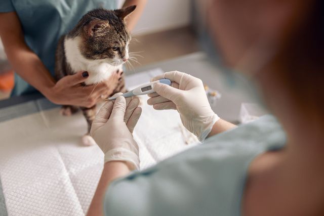 Ein Tierarzt misst bei einer Katze die Temperatur, um festzustellen, ob sie Fieber hat.