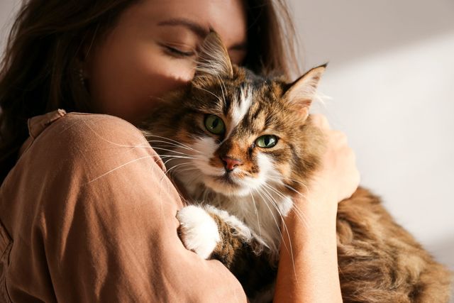 Frau hält Katze in ihren Armen und kuschelt mit ihr.