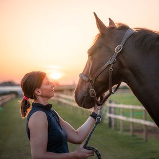 Frau mit Pferd im Sonnenuntergang