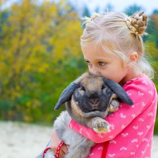 Mädchen trägt ein Kaninchen auf dem Arm.