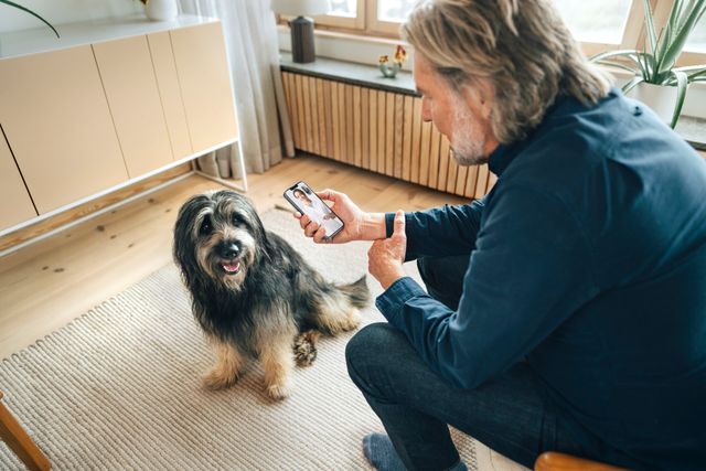 Ein Tierhalter telefoniert mit dem Online-Tierarzt von Agria, während sein kranker Hund vor ihm sitzt.