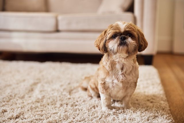 Ein Hund uriniert auf den Teppich